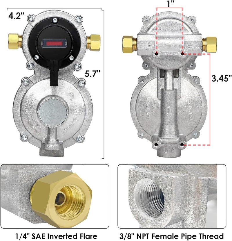 MEFUN RV Propane 2-Stage Auto Changeover LP Propane Gas Regulator with Two 18" RV Pigtail Propane Stainless Braided Hoses with Gauge, Dual Propane Tank Regulator for RVs, Vans, Trailers,Camper - Image 4